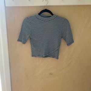 Striped white blue mock neck crop top, sweater-like w slit on bottom right side